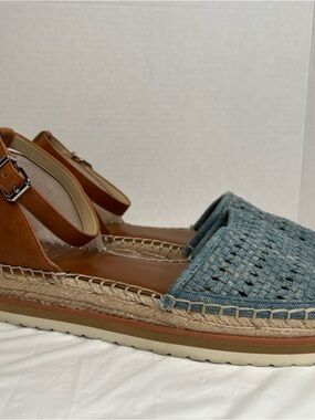 Vince Camuto Denim Blue Woven Espadrille Sandal with Tan Leather Strap